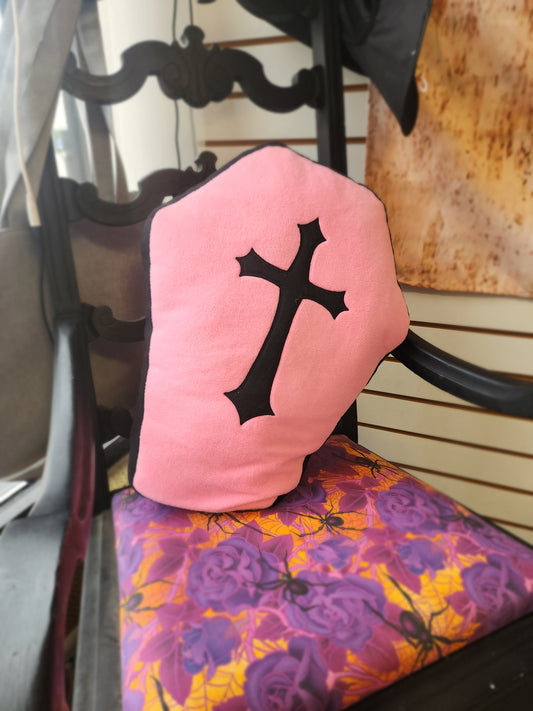 🖤 Fleece Coffin-Shaped Pillow - 19’’ x 13’’ ✨ - Pink & Black w/ Black Cross - Pillows Blankets & Stuffed Creatures