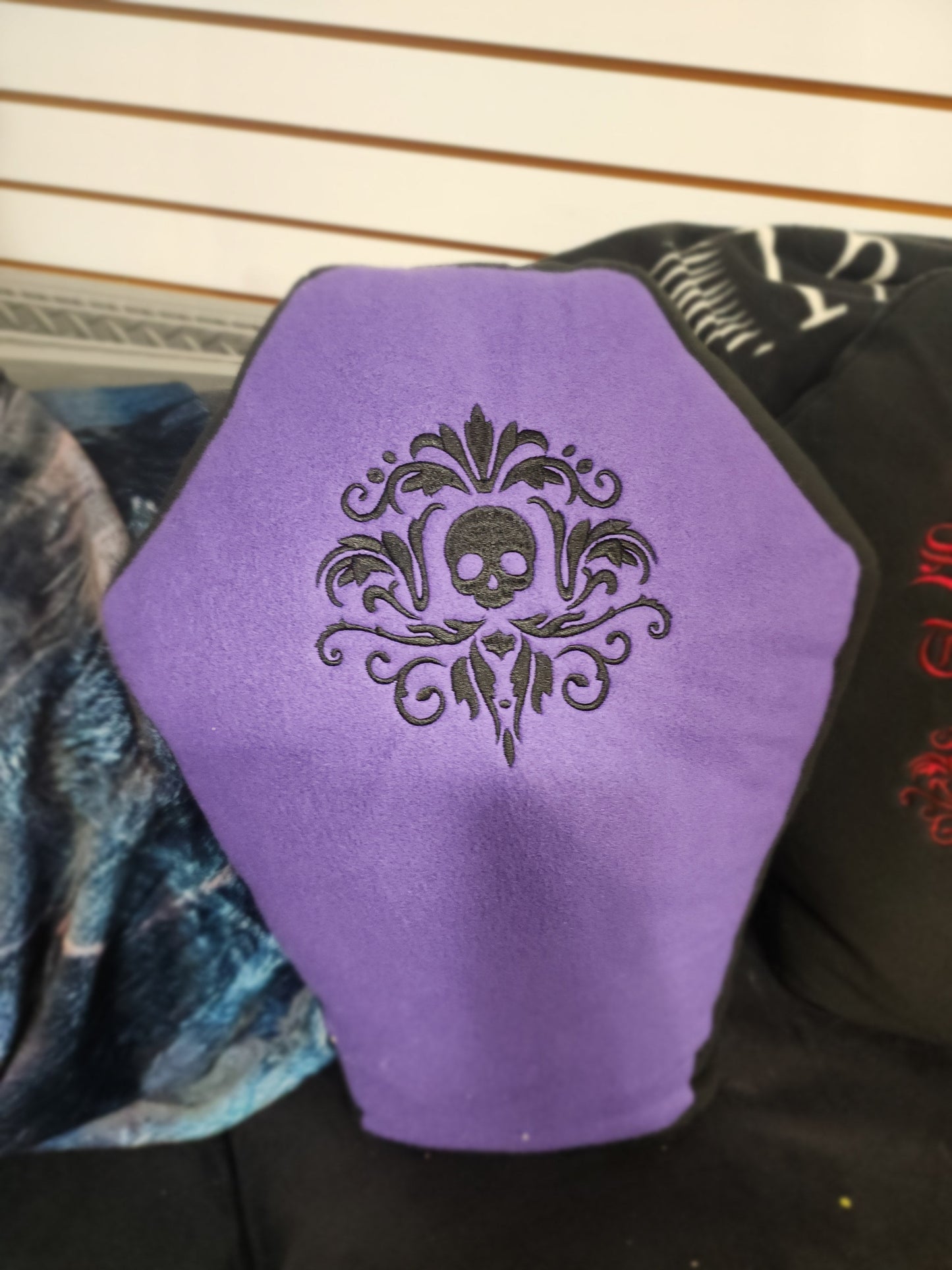 🖤 Fleece Coffin-Shaped Pillow - 19’’ x 13’’ ✨ - Purple & Black w/ Scroll work - Pillows Blankets & Stuffed Creatures