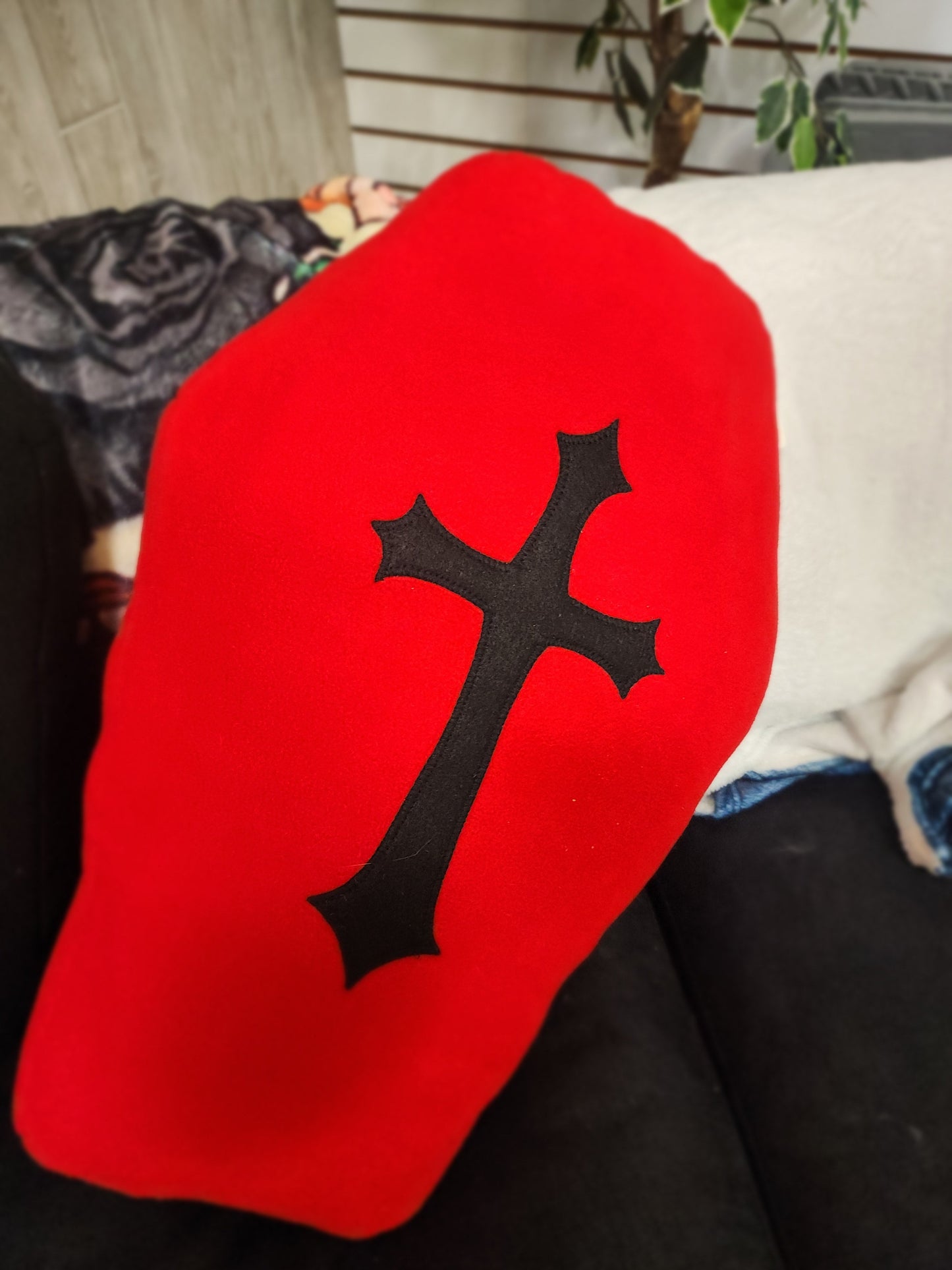 🖤 Fleece Coffin-Shaped Pillow - 19’’ x 13’’ ✨ - Red w/ Black Cross - Pillows Blankets & Stuffed Creatures
