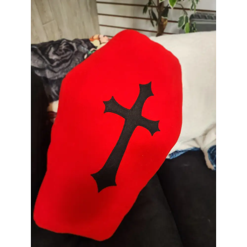🖤 Fleece Coffin-Shaped Pillow - 19’’ x 13’’ ✨ - Red w/ Black Cross - Pillows Blankets & Stuffed Creatures
