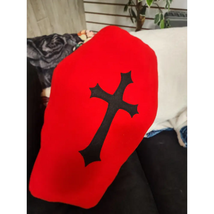 🖤 Fleece Coffin-Shaped Pillow - 19’’ x 13’’ ✨ - Red w/ Black Cross - Pillows Blankets & Stuffed Creatures