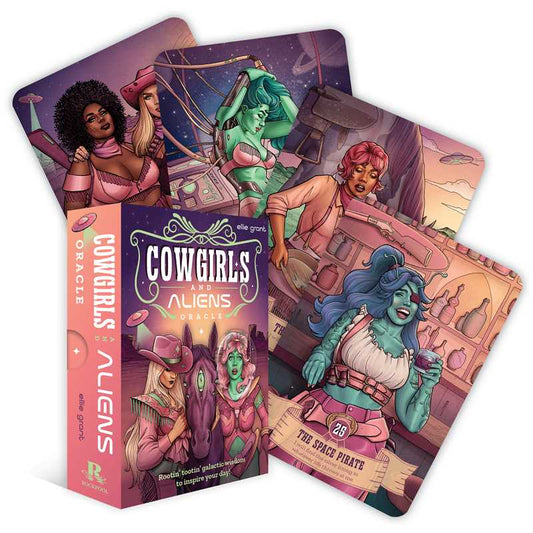 Galactic Cowgirl Oracle Deck by Rockpool Publishing, featuring vibrant cosmic western artwork, cards fanned out with guidebook on a white background.