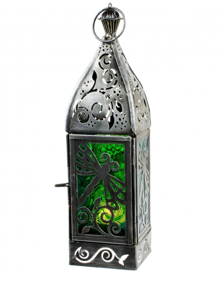 Glass & Metal Lantern Dragonfly Green & Turquoise (With Stand) Home Decor