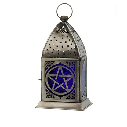 Glass & Metal Lantern Pentacle Cobalt & Purple With Stand - Home Decor