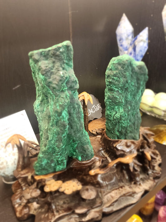 🌴💚 Gorgeous Double Malachite Tower Specimen with Palm Tree Scenery – Nature’s Artistry & Heart Healing! ✨ - Specimens