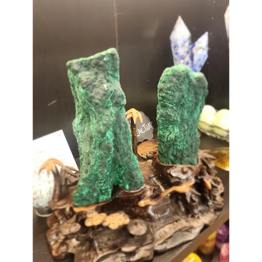 🌴💚 Gorgeous Double Malachite Tower Specimen with Palm Tree Scenery – Nature’s Artistry & Heart Healing! ✨ - Specimens