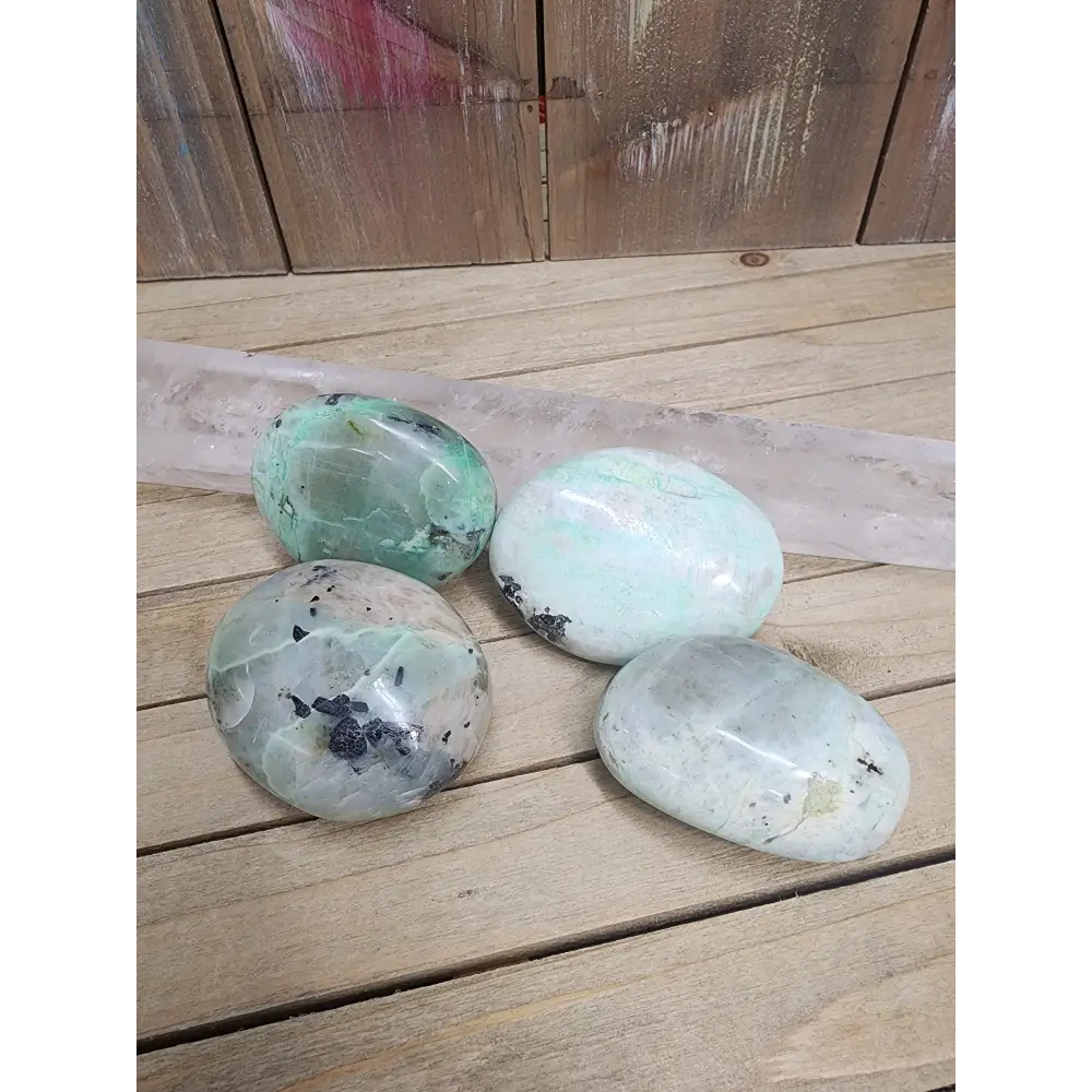 Green Moonstone Palmstones - 1 - Tourmaline & Green Moonstone Intuitive Pick - PALM