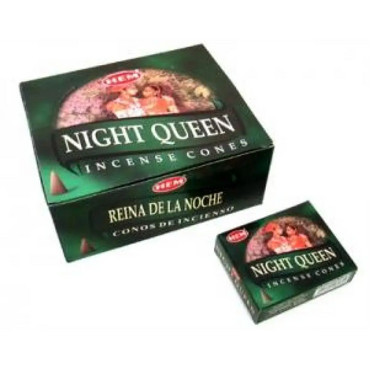 Box of HEM Night Queen Incense Cones with individual cones displayed, set against a white background. Perfect for mystery, sensuality, and magical evenings.