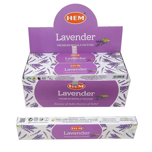 Box of HEM Premium Lavender and White Sage Incense Sticks with individual sticks displayed, set against a white background. Perfect for tranquility, purification, and sacred calm.