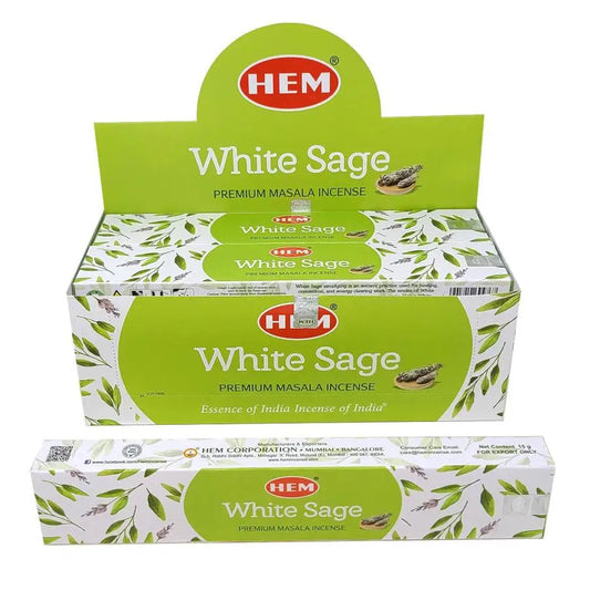 Box of HEM Premium White Sage Incense Sticks with individual sticks displayed, set against a white background. Perfect for purification, clarity, and sacred cleansing.