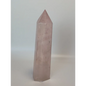 Hand-polished 5.5-inch Rose Quartz tower featuring vibrant, translucent pink hues, displayed on a white background.