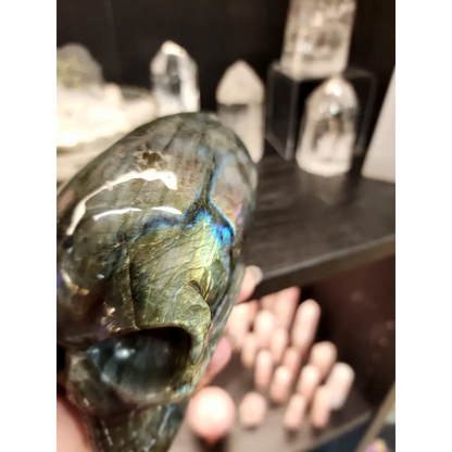 👽💜 Labradorite Alien Skull with Purple Flash – 7’’ Long 4’’ Tall – Cosmic Mystique & Intuitive Power! 🌌 - Carvings