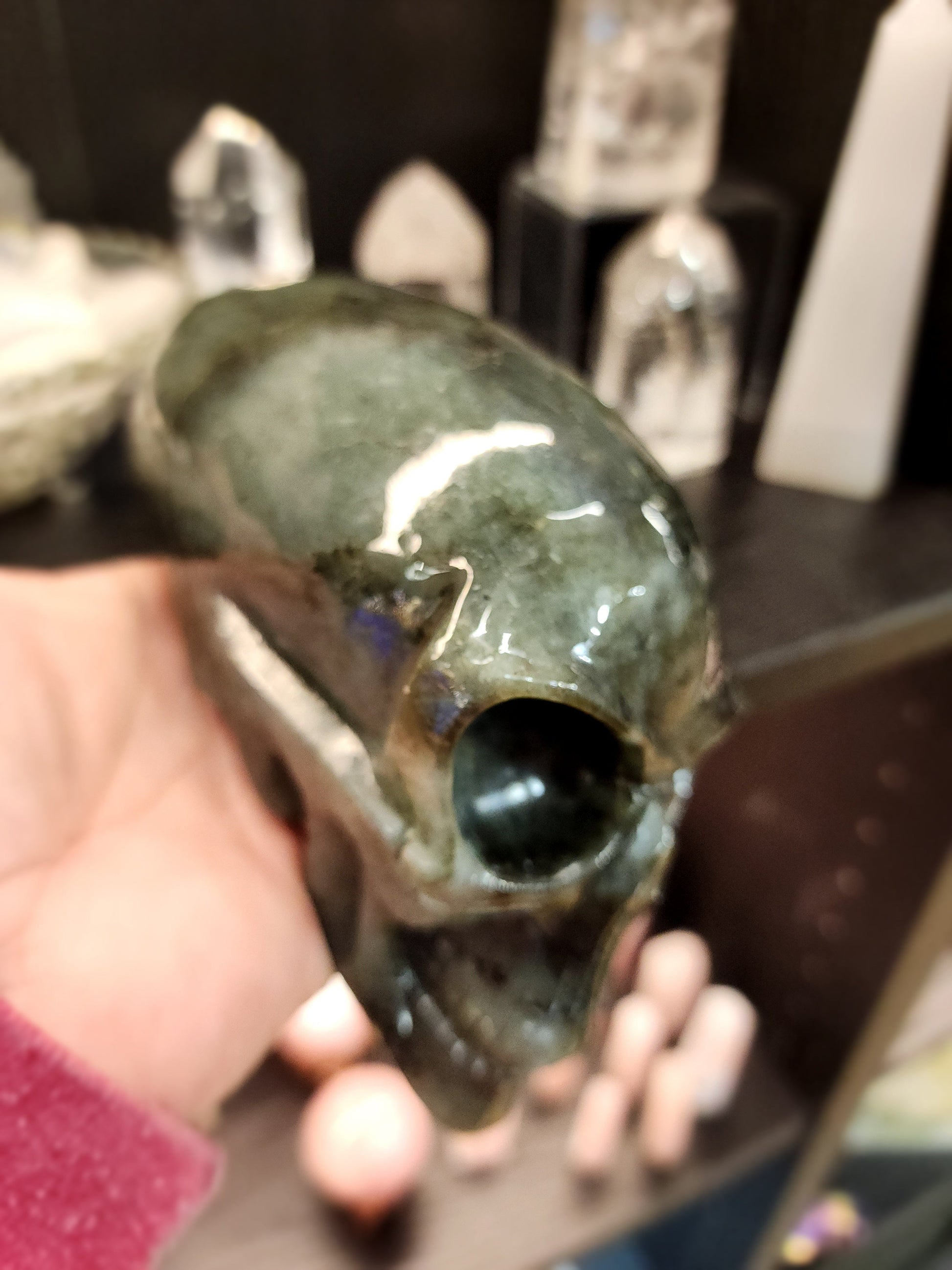 👽💜 Labradorite Alien Skull with Purple Flash – 7’’ Long 4’’ Tall – Cosmic Mystique & Intuitive Power! 🌌 - Carvings