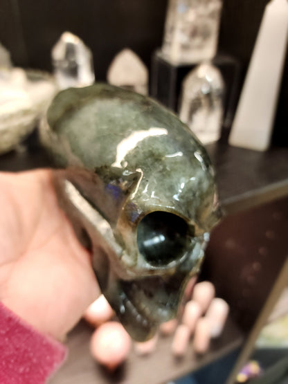 👽💜 Labradorite Alien Skull with Purple Flash – 7’’ Long 4’’ Tall – Cosmic Mystique & Intuitive Power! 🌌 - Carvings