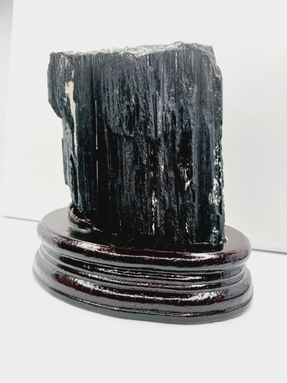 🖤🌳 Large Black Tourmaline on Wood Stand – Protection Grounding and Bold Energy ✨ - Specimens