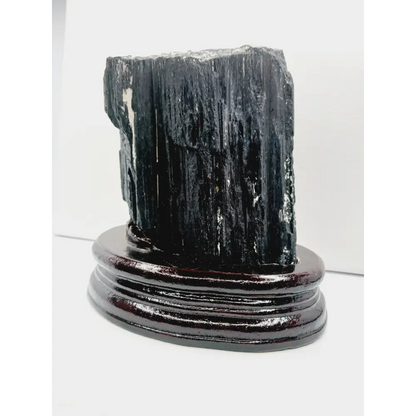 🖤🌳 Large Black Tourmaline on Wood Stand – Protection Grounding and Bold Energy ✨ - Specimens