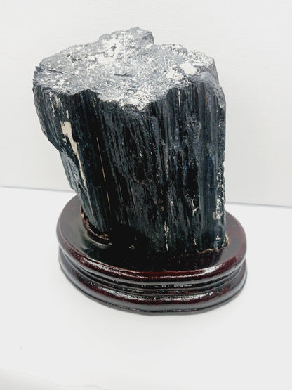 🖤🌳 Large Black Tourmaline on Wood Stand – Protection Grounding and Bold Energy ✨ - Specimens