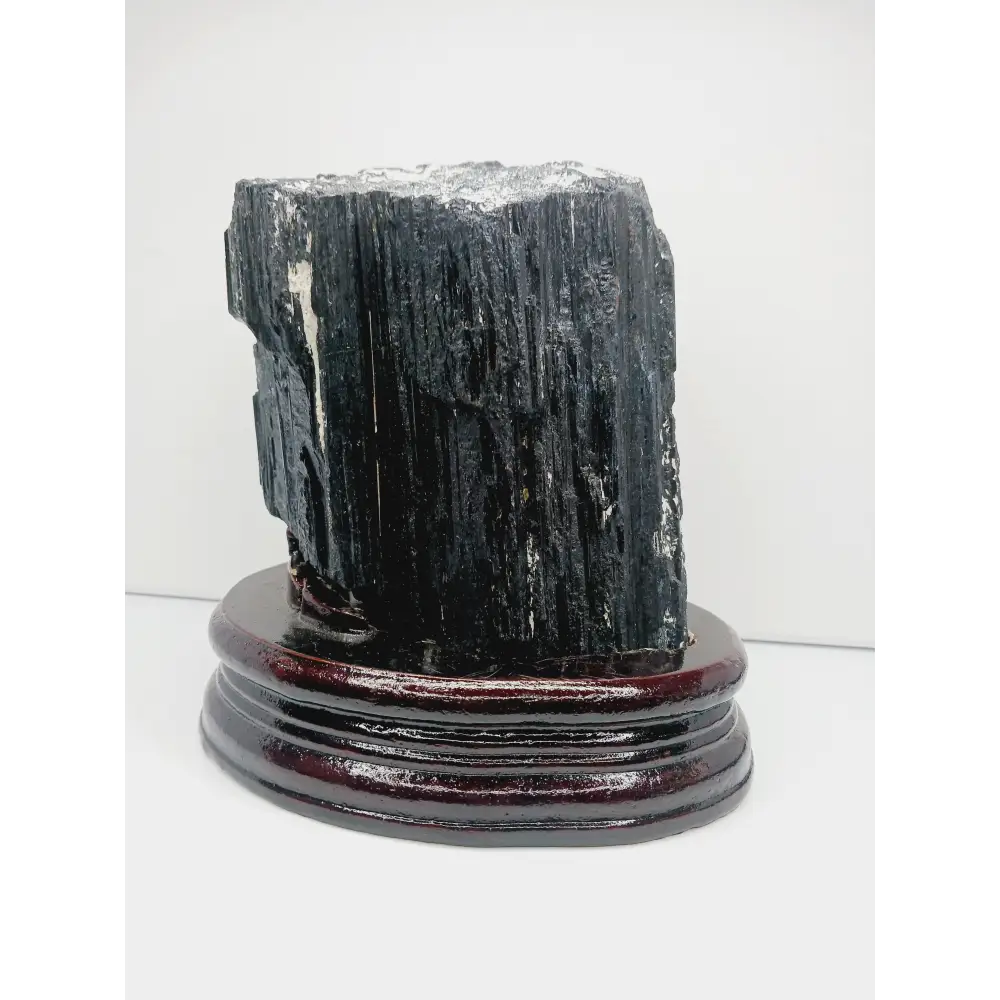 🖤🌳 Large Black Tourmaline on Wood Stand – Protection Grounding and Bold Energy ✨ - Specimens