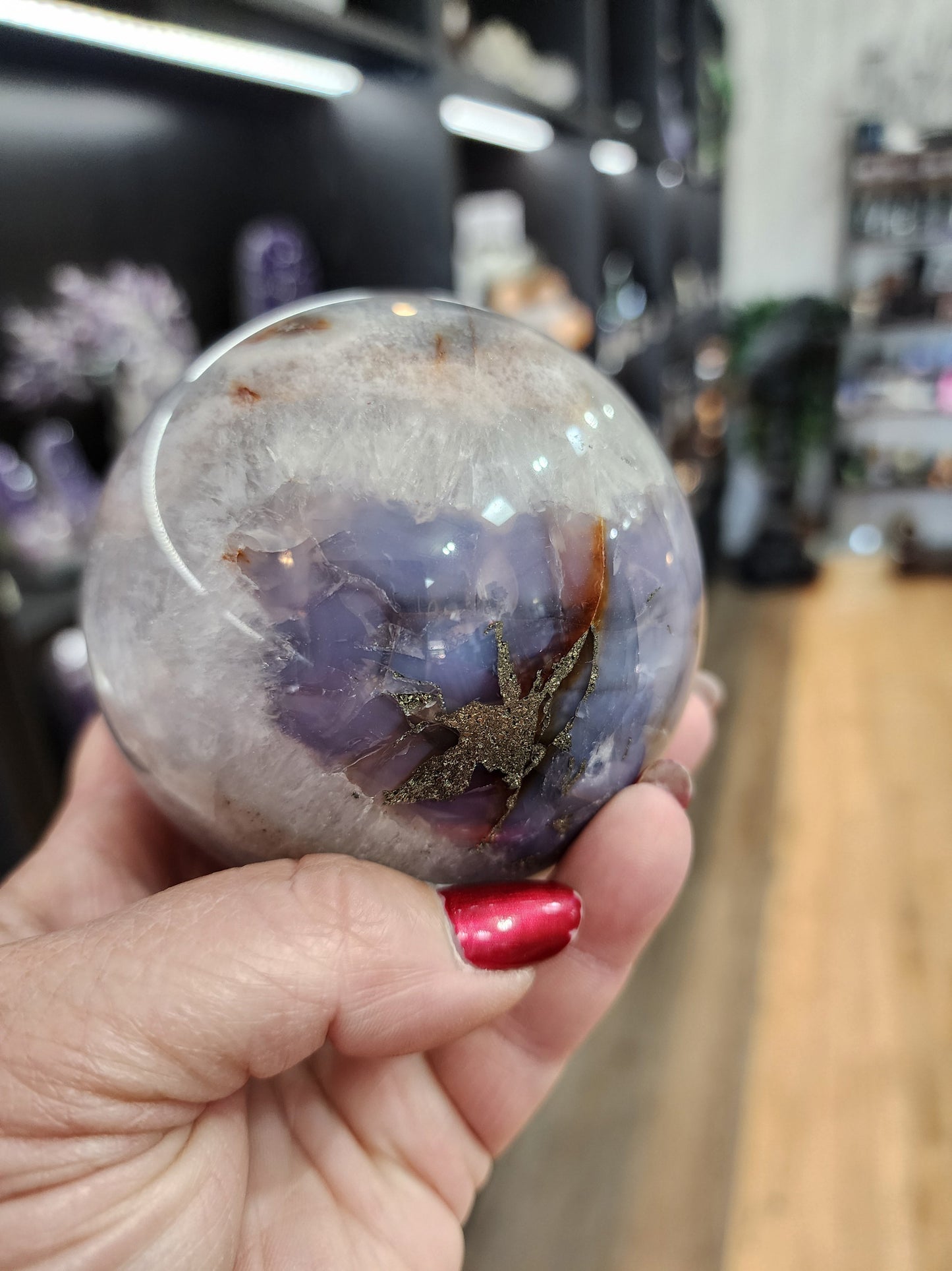 💜🍒 Lavender Cherry Agate Sphere with Pyrite & Gemmy Inclusions – Radiant Harmony & Manifestation Magic! ✨ - 1 - Spheres