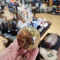 Hand-polished Leopard Skin Jasper sphere featuring bold, spotted patterns in earthy tones, displayed on a white background.