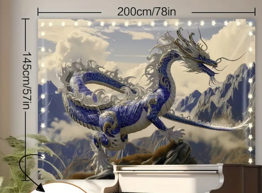Large 78" x 57" tapestry featuring a luminous dragon flying over glowing mountain peaks, displayed on a white background. Perfect for New Year’s energy, transformation, and mystical decor.