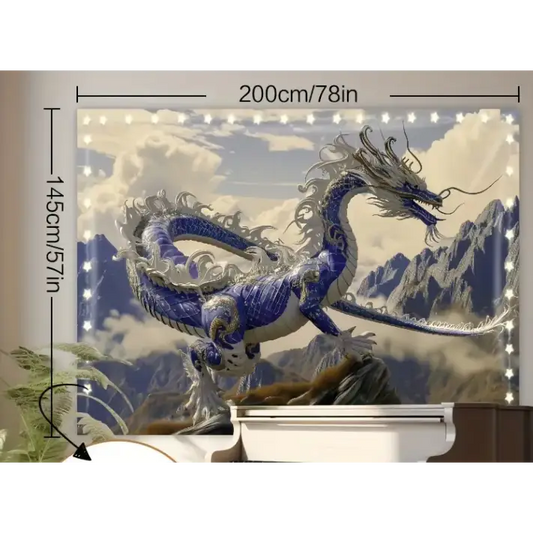 Large 78" x 57" tapestry featuring a luminous dragon flying over glowing mountain peaks, displayed on a white background. Perfect for New Year’s energy, transformation, and mystical decor.