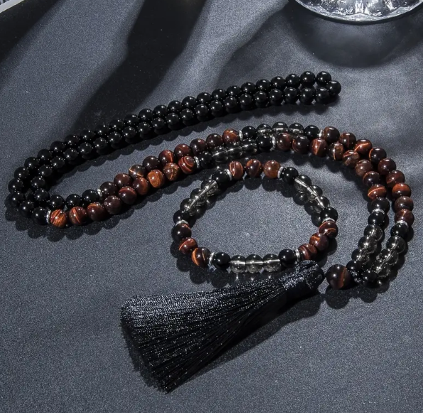 Mala Beads - Red Tigers Eye Smokey Quartz and Onyx w Bracelet - Jewelry