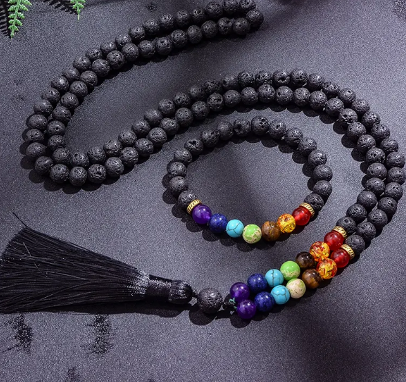 Mala Beads - Lava with Chakra with Bracelet - Jewelry