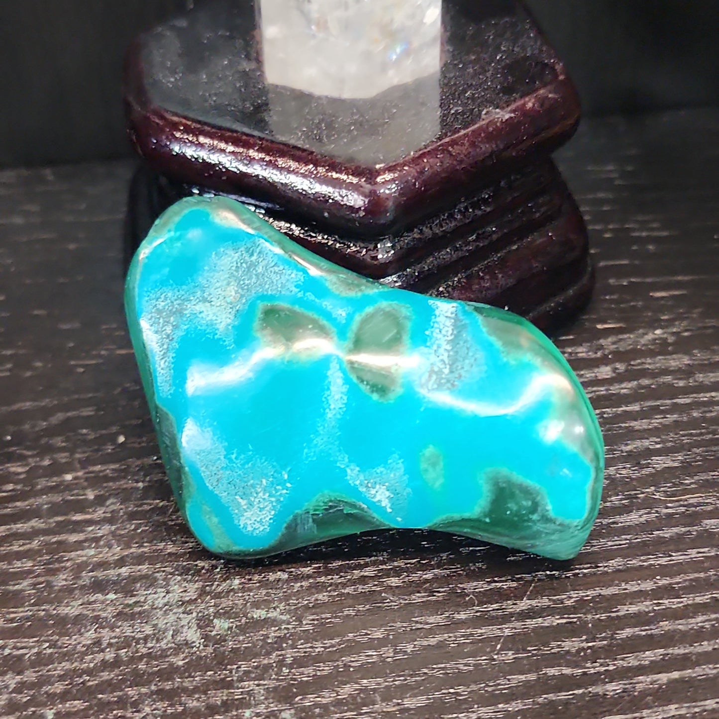 Malachite and chrysocolla specimen with vibrant green bands and blue-teal hues, displayed on a white background. Perfect for transformation, heart healing, and inner wisdom.