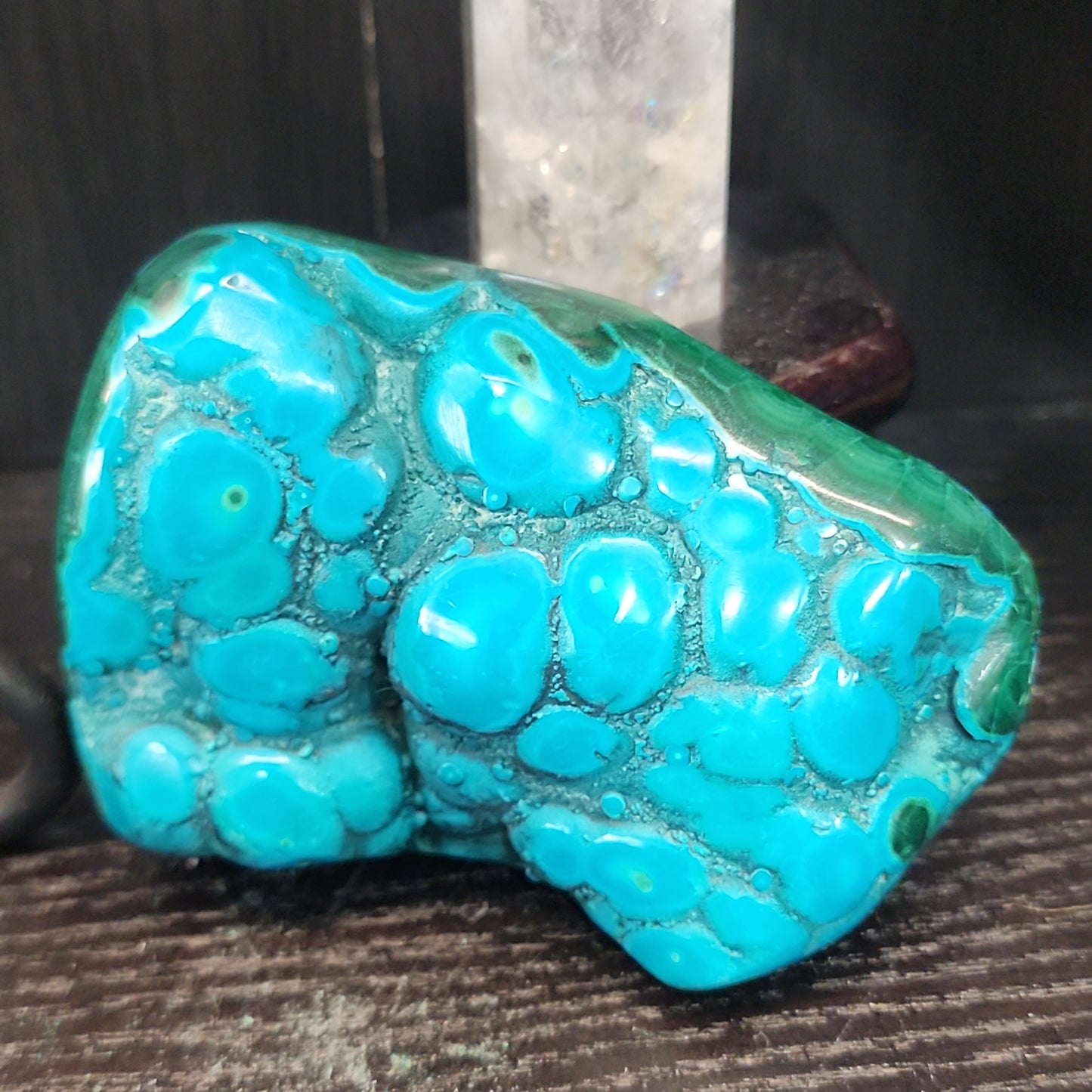Malachite and chrysocolla specimen with vibrant green bands and blue-teal hues, displayed on a white background. Perfect for transformation, heart healing, and inner wisdom.