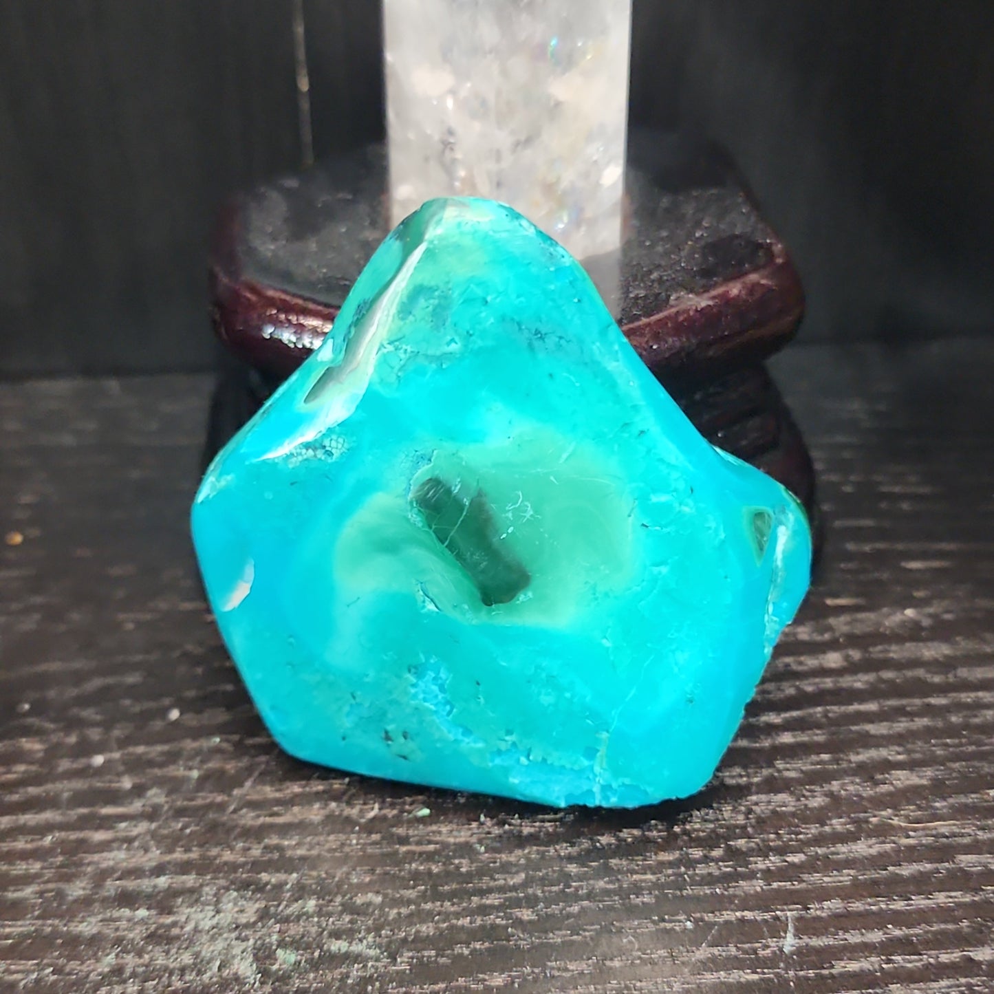 Malachite and chrysocolla specimen with vibrant green bands and blue-teal hues, displayed on a white background. Perfect for transformation, heart healing, and inner wisdom.