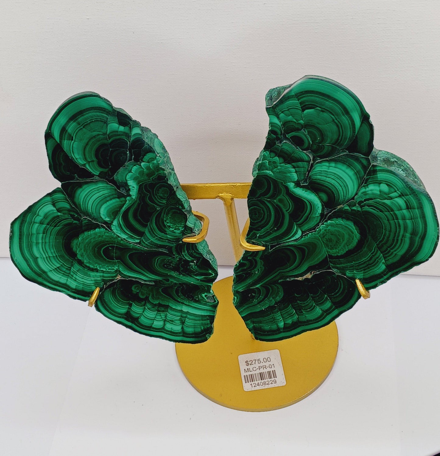 Pair of polished malachite slabs with vibrant green banding, displayed upright on a metal stand against a white background.