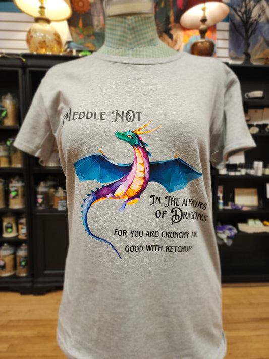 Meddle Not in the Affairs of Dragons T-Shirt – Sassy Mythical Dangerously Delicious 🐉🍔 - Grey / Large - Black