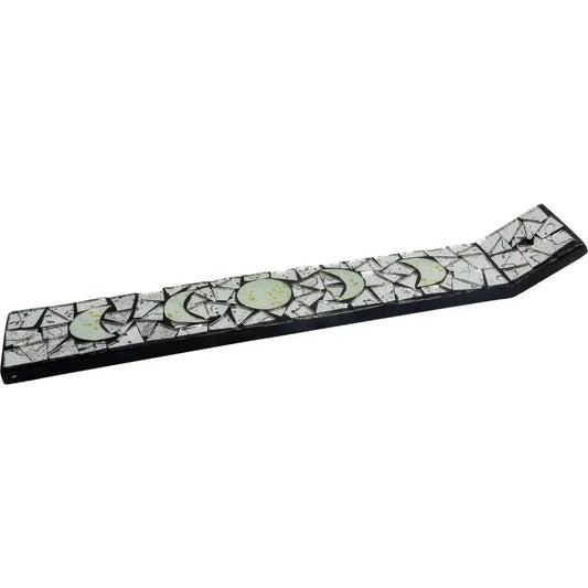 Hand-made wood incense holder, 13.5 inches, with glass mosaic moon phases on a mirrored background, displayed on a white surface.