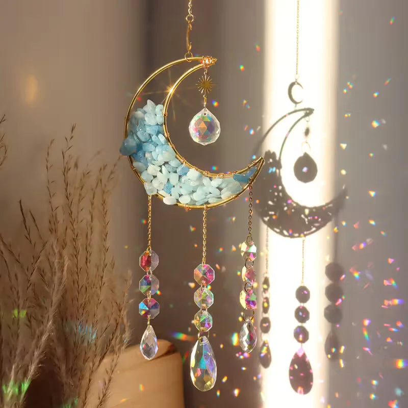 🌙✨ Moon Suncatcher with Crystals – Lunar Magic Rainbow Light and Uplifting Energy! 🌈 - light blue- aquamarine