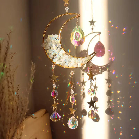 🌙✨ Moon Suncatcher with Crystals – Lunar Magic Rainbow Light and Uplifting Energy! 🌈 - Opalite-Aura- Rainbow