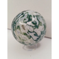 Moss Agate sphere with deep green swirls and sparkling druzy pocket, displayed on a white background.