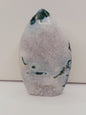 Moss Agate freeform, approx. 4 inches tall, with lush green and white patterns, displayed on a white background.