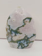 Moss Agate freeform, approx. 4 inches tall, with lush green and white patterns, displayed on a white background.