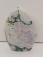 Moss Agate freeform, approx. 4 inches tall, with lush green and white patterns, displayed on a white background.