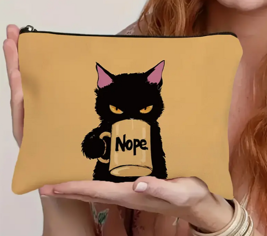 😼☕️ ’Nope’ Makeup Bag – Mustard Yellow with Black Cat Design (8.66 x 6.3 in) – Sassy Storage Cat Magic and Everyday