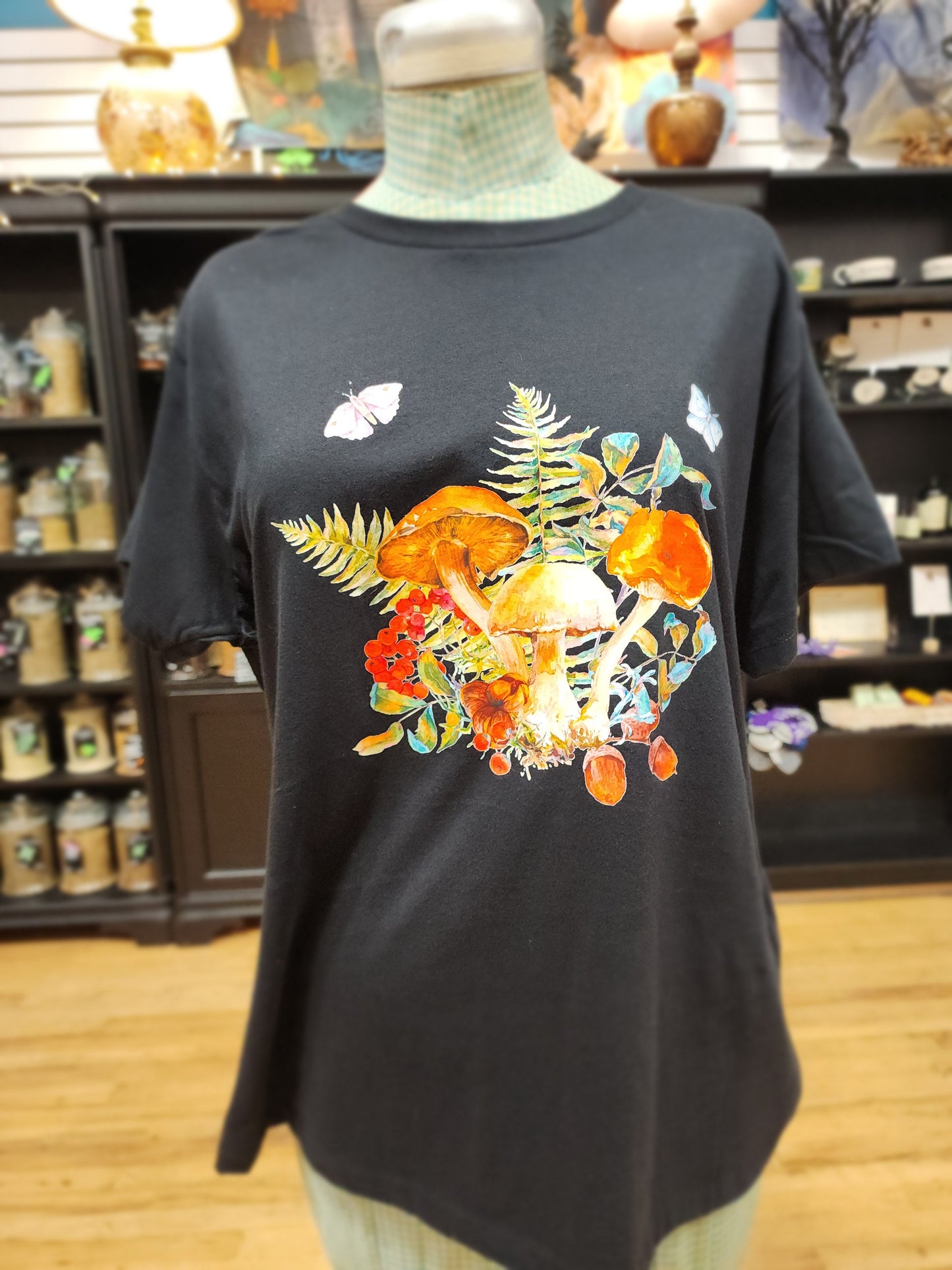 Orange Mushrooms Butterflies Tee - Spiritual Tshirt Designs - Black / 2Xlarge - Clothing & Apparel