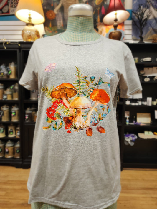 Orange Mushrooms Butterflies Tee - Spiritual Tshirt Designs - Grey / Large - Clothing & Apparel