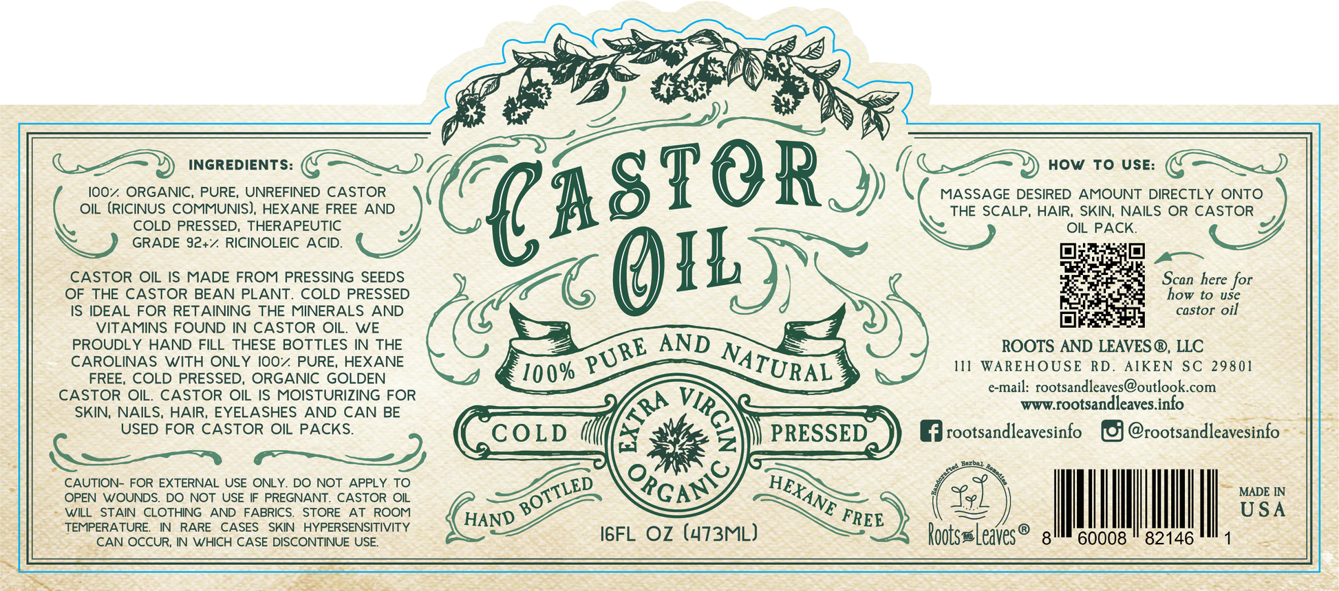 🌱✨ Organic Cold Pressed Castor Oil – Hexane Free & USA Bottled (16 oz) 💧 - Herbs & Accessories