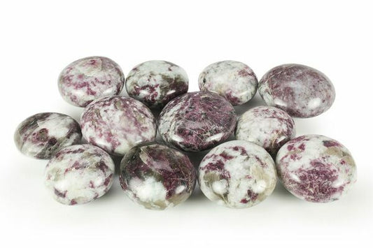 Polished plum tourmaline palmstone with rich purple hues and natural variations, displayed on a white background. Perfect for emotional healing, protection, and transformation.