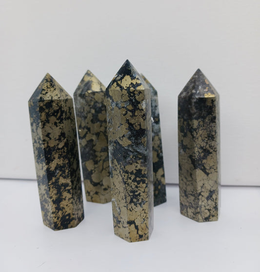 Hand-carved Pyrite with Black Quartz tower, 3.75 to 4 inches tall, featuring golden pyrite sparkles and deep black quartz, displayed on a white background.