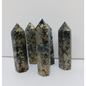 Hand-carved Pyrite with Black Quartz tower, 3.75 to 4 inches tall, featuring golden pyrite sparkles and deep black quartz, displayed on a white background.