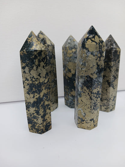 ✨🖤 Pyrite with Black Quartz Tower 3.75 to 4 Inch – Manifestation Protection and Magnetic Abundance 🖤✨ - Towers