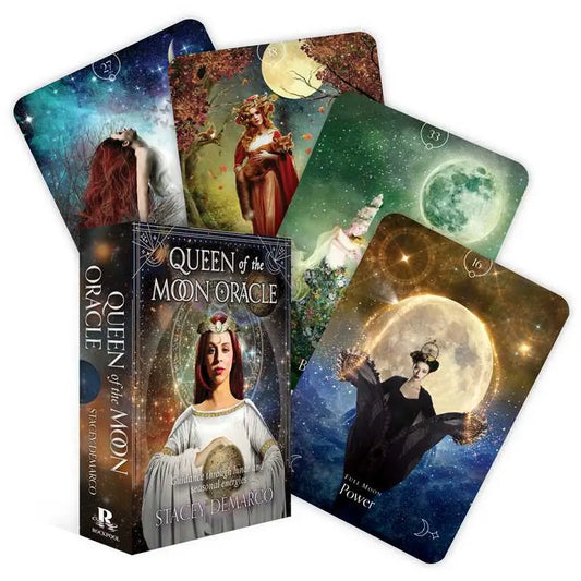 Queen of the Moon Oracle deck by Stacey Demarco, featuring beautifully illustrated cards and a 112-page guidebook, displayed on a white background.