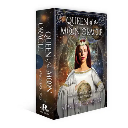 Queen of the Moon Oracle deck by Stacey Demarco, featuring beautifully illustrated cards and a 112-page guidebook, displayed on a white background.